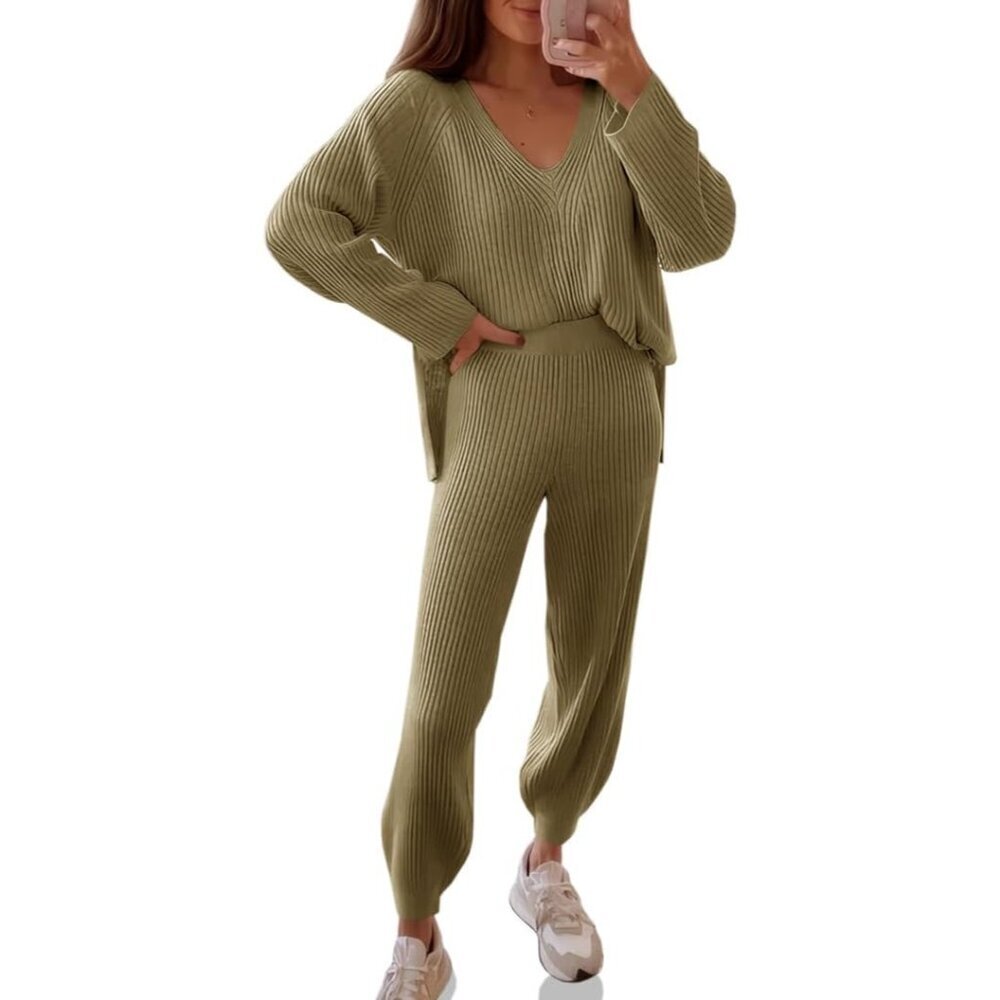 Women Knit Sets Oversized V Neck Sweaters Wide Leg Pants Fall Loungewear